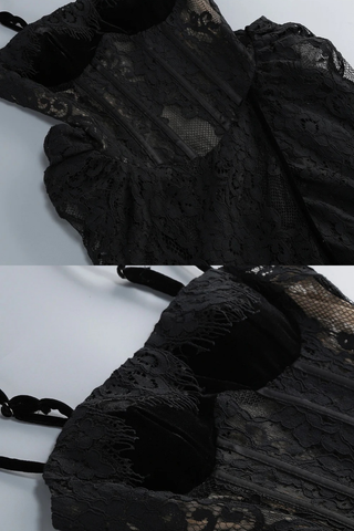 Sheer Lace Corset Maxi Dress with Floral Hip Details