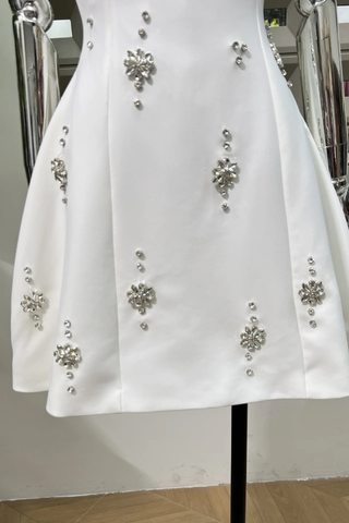 Crystal Embellished Open Back Bow Mini Dress