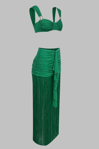 Two-Piece Ruched Crop Top and Fringed Maxi Skirt Set with Gold Buckle Detail