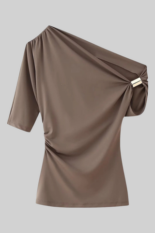 Asymmetric Draped Half Sleeve Top with Metal Accent