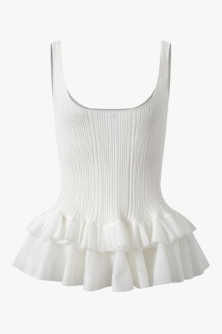 Sleeveless Ribbed Knit Peplum Tank Top with Double Ruffle Hem