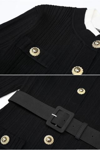 Long Sleeve Ribbed Knit Button-Down Midi Dress with Belt and Contrast Cuffs
