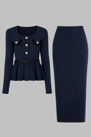 Textured Knitted Peplum Cardigan and High-Waist Skirt Set with Belt