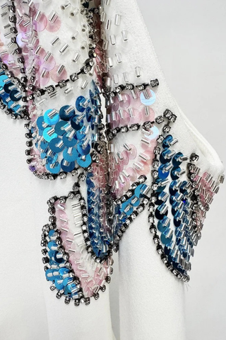 Off-Shoulder Long Sleeve Crepe Long Dress with Hand-Beaded Floral Embellishment