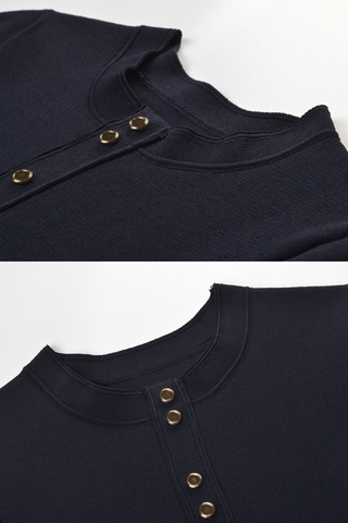 Gold Button Short Sleeve Fitted Mini Dress with Ruffle Hem