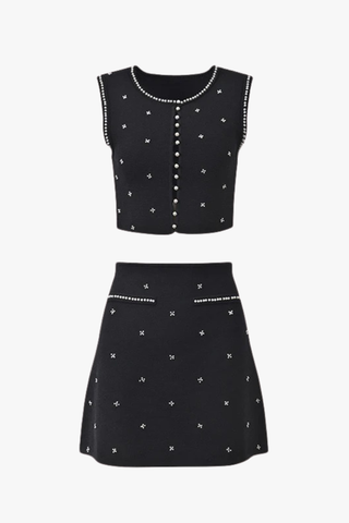 Pearl Accent Knit Two-Piece Set – Sleeveless Crop Top & Mini Skirt