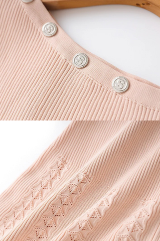 Button Neck Short Sleeve Flare Midi Dress in Ribbed Knit Fabric