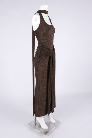 Coffee Metallic Halter Long Dress Backless Slim Fit with Waist Tie Detail