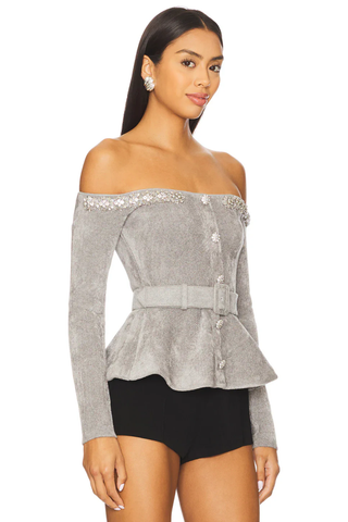 Elegant Velvet Off-Shoulder Top with Rhinestone Neckline and Belt