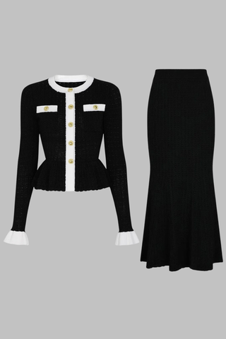 Knitted Two-Piece Set with Round Neck Peplum Cardigan and Midi-Long Mermaid Skirt
