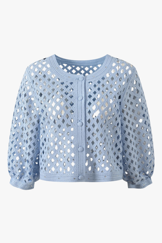 Embellished Open-Knit Cropped Cardigan with Elbow-Length Balloon Sleeves