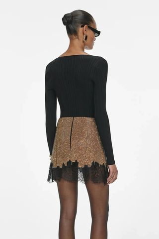 Crystal-Embellished Mesh Mini Skirt with Lace Trim
