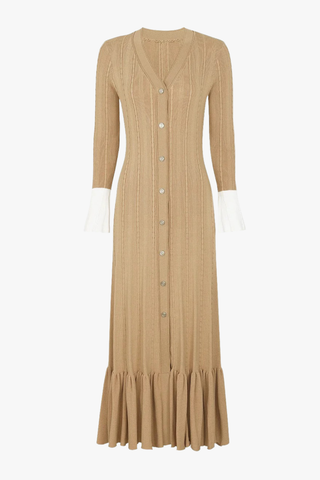 Cable-Knit Button-Front Long Dress with V-Neck and Flared Hem