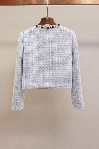 Embellished Collar Tweed Jacket – Long Sleeve, Pearl & Crystal Trim