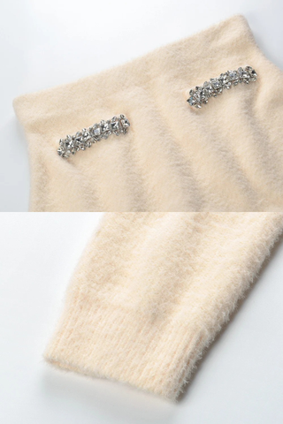 Crystal-Embellished Soft Wool Set – Cream Beige Cropped Jacket and Ruffled Mini Skirt