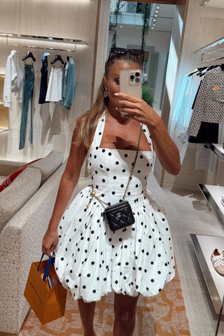 Vintage Polka Dot Puffball Mini Dress  Halter Neck Tie-Back &  Built-In Underskirt