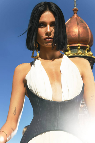 Halter Neck White Pleated Long Dress with Denim Corset Waist