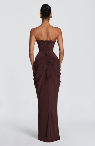 Strapless Corset Draped Long Dress with Ruched Hip Detail