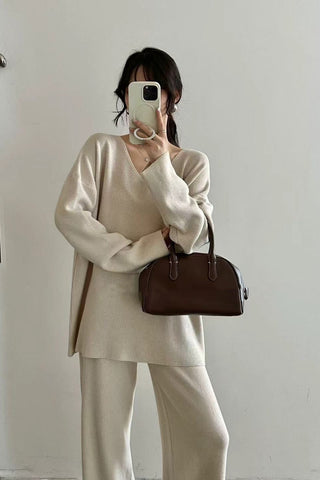 Comfy Relaxed V-Neck Knit Top & Wide-Leg Pants Set
