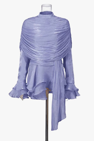 Draped Sheer Layered Dress with High Neck and Flared Cuffs
