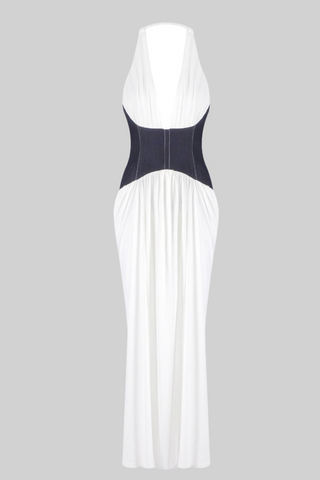 Halter Neck White Pleated Long Dress with Denim Corset Waist
