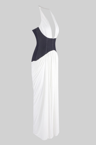 Halter Neck White Pleated Long Dress with Denim Corset Waist