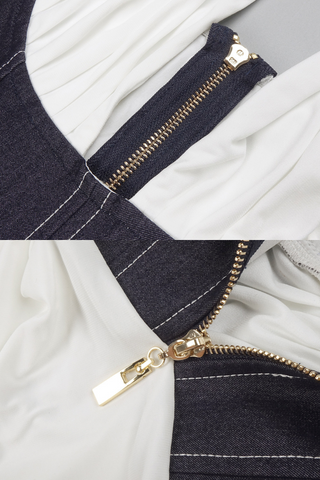 Halter Neck White Pleated Long Dress with Denim Corset Waist