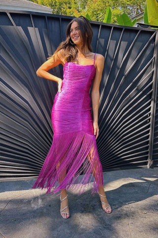Slim-Fit Fringe Bandage Long Dress with Spaghetti Straps