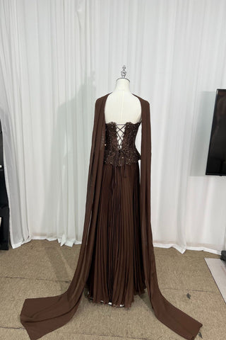 Strapless Sleeveless Beaded Lace Corset Pleated Long Dress with Draped Scarf