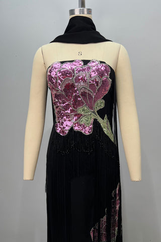 Floral Sequin Fringe Strapless Long Dress with Scarf