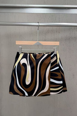 Abstract Swirl Print Satin Halter Top & High-Waisted Mini Skirt Set