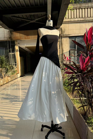 Backless Mesh Split Long Dress with Neck Scarf Detail