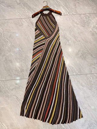 Halter Neck Open-Back Striped Knit Long Evening Dress