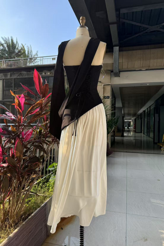 Backless Mesh Split Long Dress with Neck Scarf Detail