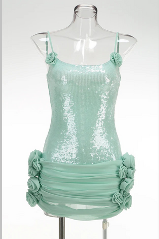 Mint Green Sequin Mini Dress with Floral Appliqué and Corset Lace-Up Back
