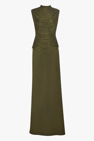 Sleeveless Bandage Metallic Top & Satin Skirt Set – Sculpted High Neck, Fluid Draped Fit, Refined Evening Look