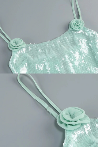 Mint Green Sequin Mini Dress with Floral Appliqué and Corset Lace-Up Back