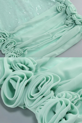 Mint Green Sequin Mini Dress with Floral Appliqué and Corset Lace-Up Back