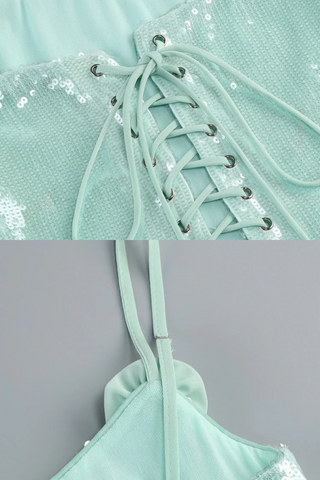Mint Green Sequin Mini Dress with Floral Appliqué and Corset Lace-Up Back