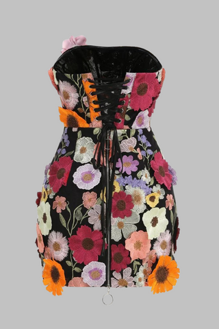 Strapless Floral Embroidered   with Lace-Up Back  Mini Dress