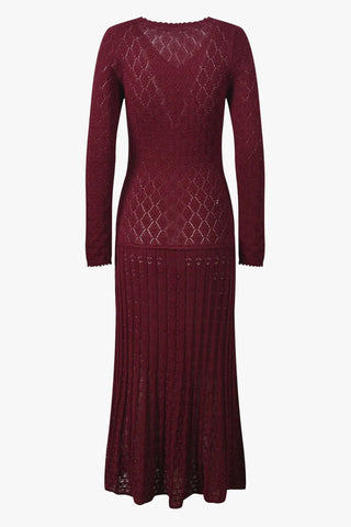 Textured Knit Button-Front Long Dress with V-Neck and Long Sleeves