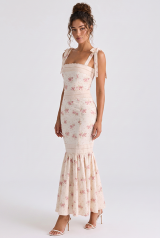 Floral Print Long Dress – Lace Trim, Tie Straps, Defined Waist & Corset Back