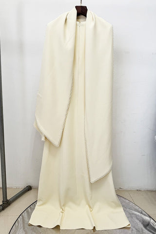 Pearl Trim Minimal Design Dress – Chiffon Material, Long Flared Sleeves