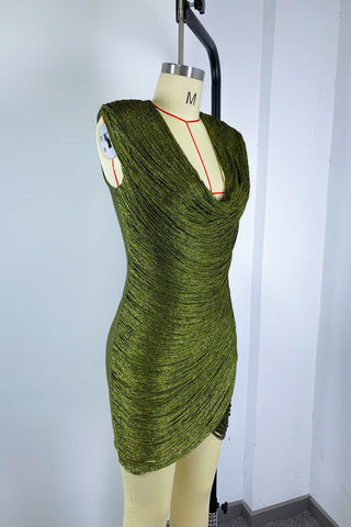 Metallic Draped Cowl Neck Sleeveless Bandage Mini Dress