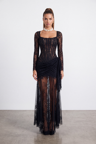 Lace Corset Long Dress – Draped Long Sleeve Gown