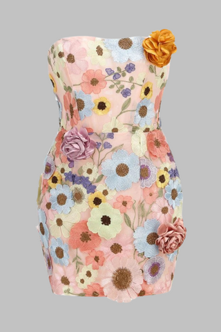 Strapless Floral Embroidered   with Lace-Up Back  Mini Dress
