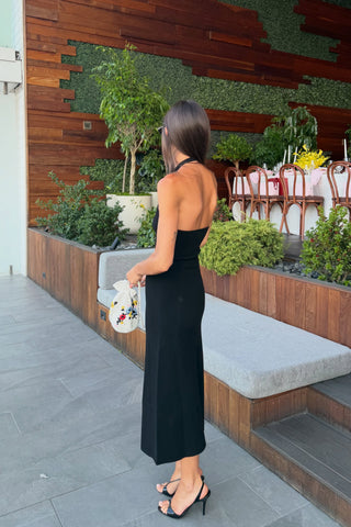 Pearl Floral Button Halter Long Dress