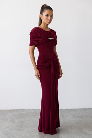 Ruched Cape Sleeve Metal Detail Fitted Long Dress