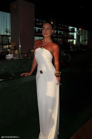 Gold Detail Halter Long Dress – Sleeveless Open Back, Ruched Waist & Floor-Length