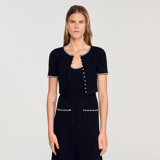 Pearl Trim Ribbed Knit Midi Dress with Sleeveless Cut and Flared Hem Design